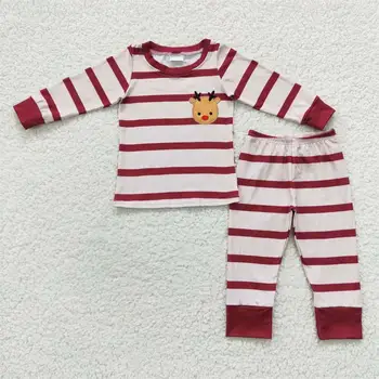 Otroke Božič Vezenje Jelenov Obleko Rdeče Proge, Komplet Dojenček Fant Dekle More Hlače Sleepwear Otrok Malčka Bombažno Pižamo