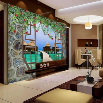 Ozadje po meri 3d freske dnevna soba povzetek okno, obmorska pokrajina, TV ozadju stene papirjev doma dekor zidana 3d ozadje