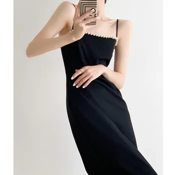 Poletje Novo francosko Trak Off Rami Obleko Žensk Pasu Design Občutek Majhne in Elegantne Mala Črna Obleka