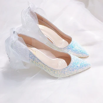 Pomlad novo čipke, trakovi gradient sequins princesa nevesta poročni čevlji banket obleko konicami prstov vse-tekmo žensk stiletto čevlji