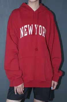 Prevelik pulover s kapuco za Ženske, New York Pulover, Trenirke, Pulover, Črna, Rdeča, Žganje, Moda Plus Velikost Hoodies