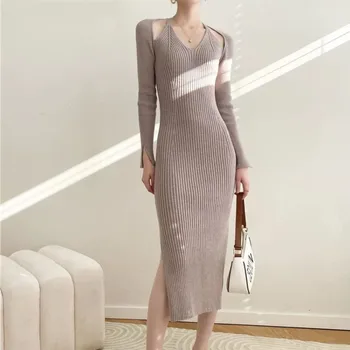 RDMQ 2023 Jesensko Zimske Obleke za Ženske Trdna Pletene Ponaredek 2 Kos Debele Vestidos korejski Moda Letnik Dolgo Obleko Elegantno