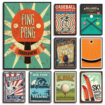 Retro Športna Pop Art Poster Tiskanje Ribolov, Balinanje Baseball Boks, Golf Smučanje Kolesarjenje Platno Barvanje Igre Soba Doma Stenski Dekor