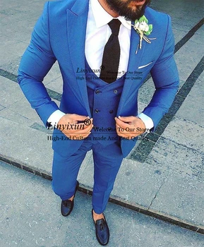 Royal Modra Poroko Jopičem Formalno Moške Obleke Slim Fit Modni Posel Moški Jopič 3 Kosov Jakna Telovnik Hlače Nastavite Terno Masculino