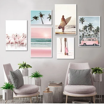 Roza Plaži Flamingo Palme Desko Nordijska Tiskanja Umetniško Platno Plakat Za Dnevna Soba Dekor Doma Stenske Slike