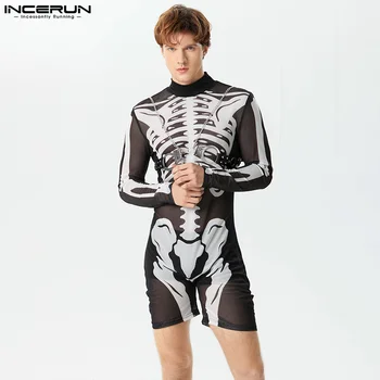 Seksi Slog Homewear igralne obleke Nove Moški Skeleton Vzorec Tiskanja Jumpsuit Očesa Pol Visoko Vratu Dolg Rokav Bodysuits S-3XL INCERUN 2023