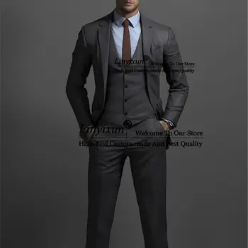 Siva Moške Obleke Slim Fit Zarezo River 3 Kosov Ženina Poročna Tuxedos Waistcoat Poslovni Moški Jopič Kostum Homme