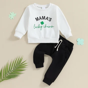 St Patrick Dan s Obleka za Malčke Baby Fantje Zeleni Deteljica Pismo Tiskanja Dolg Rokav Jopice Elastični Pas Nastavite Sweatpants
