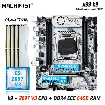 STROJNIK K9 v2 X99 matične plošče, Set LGA2011-3 Kit Xeon E5 2697 V3 CPU Procesor s 4 X 16=64GB DDR4 ECC Ram Pomnilnika SSD Nvme M. 2