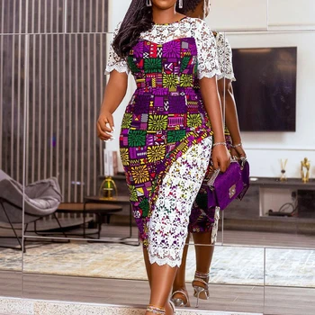 Ukrivljenih Ženske Elegantne Afriške Ankara Slog Čipke Oblačila Kratek Rokav Moda Za Ženske Koleno Dolžina Stranka Obleko