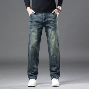 Vintage Rumeno Blato Moške Jeans 2024 Jesen/Zima Novo Ohlapno Ravne Cevi Poslovnih Hlače za Moške Retro Priložnostne Hlače