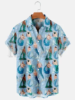 Vintage Zabave Hawaiian Morska Deklica Tiskanja Pocket Majica Kratek Rokav Prevelik Stretch Glasbe Avto Aloha Majice