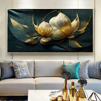 Vintage Zelenega Zlata Lotus Wall Art Plakat, Natisnjen Platno Slikarstvo Elegantno Luksuzni Rastline in Rože Sliko Dnevni Sobi Doma Dekor