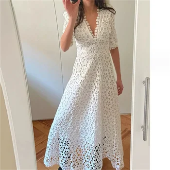 Visoka Kakovost Svate Dolga Obleka Ženske Proti-Vrat Čipke Belo Obleko Maxi