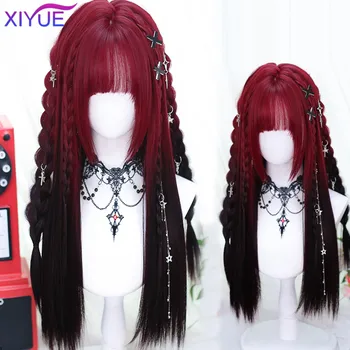 XUTYE Y2k sintetičnih dolge ravne Lolita Harajuku lasuljo z šiška črni in rdeči dnevno igranje vlog, stranko lase