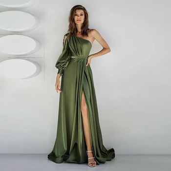 Zelena En Rokav Večerne Obleke Eno Ramo Strani Špranjske Obleke za Posebne Priložnosti Ruched Črto arabski Dubaj Formalno Vestidos