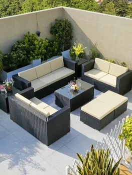 Zunanji kavč, pokrit balkon, tri osebe rattan stol kombinacija, rattan tkani pohištvo, nepremočljiva in zaščito pred soncem