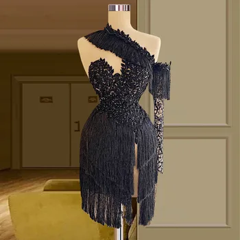 Črne Obleke Cocktail Tulec Dolge Rokave Kratek Mini Appliques Biseri Ples Obleke, Haute Couture
