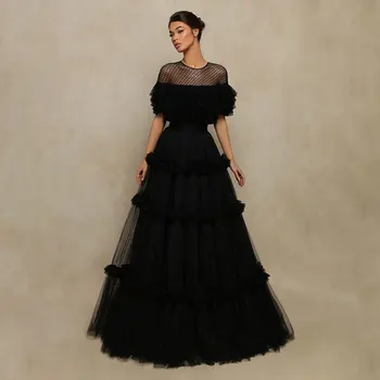 Črnega Tila Dolgo Prom Obleke Ruffles Kratek Rokav Formalno Večerno Obleko Elegantno Halje Za Ženske Osebe