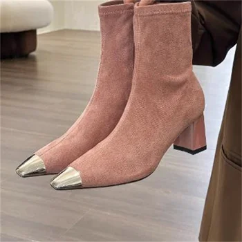 Šivanje Čevlji za Ženske Strani Zadrge, Oblikovalci Čevlji Kovinski Nogi Churry Visokih Petah Chassure Femme Žamet Tacones Ženski Botas