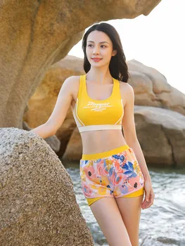 Ženske 2 Kos Bikini Komplet Z Dolgimi Rokavi Visoka Vitka Barvo Natisnjeni kopalke Kopalke Izpuščaj Straže Plažo