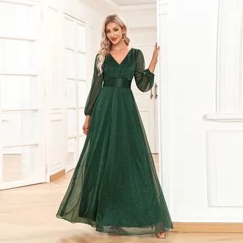 Ženske Elegantne Bleščica Maxi Večerno Obleko 2023 Zelena Glej Skozi Seksi Šifon Rojstni Halje z Dolgimi Rokavi Proti-vrat Prom Obleke