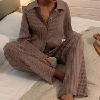 Ženske Naguban Pajama Nastavite Jeseni, Pozimi Dolg Rokav Dame Pletene Sleepwear 2 Kosa z Sopihanje Svoboden Pyjama Obleko za Ženske