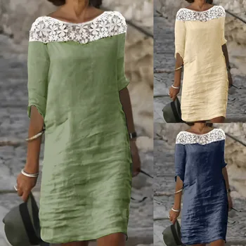 Ženske Poletne Priložnostne Obleko Srednji Rokav Čipke Mozaik Krog Vratu Vintage Obleko Eleganten Modni Boho Plaži Svoboden Mini Obleka