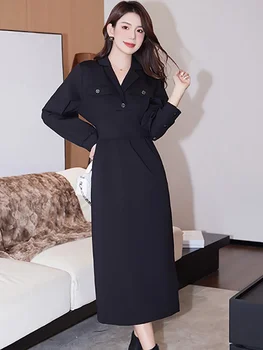 Ženske Trdna Elegantno Bodycon Formalno Dolgo Obleko Jeseni, Pozimi Black Korejski Letnik Hepburn Haljo 2023 Korejski Moda Priložnostne Obleke