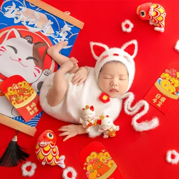 ❤️Novorojenčka Fotografija Plesti Oblačila Luštna Mačka Klobuk+Jumpsuit 2Pcs/Set Studio Baby Foto Prop Dodatki, Obleke, Obleke Fotografia